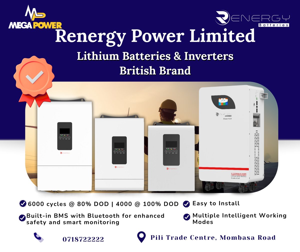 MegapowerGlob's tweet image. Power smarter. Power longer. Power with Renergy.
Call us:0718722222
Visit Us Today:  Pili Trade Centre, Mombasa Road
#RenergyPower #MegaPower #LithiumTechnology #InvertersKenya #SolarBackup #ReliableEnergy #SmartPower