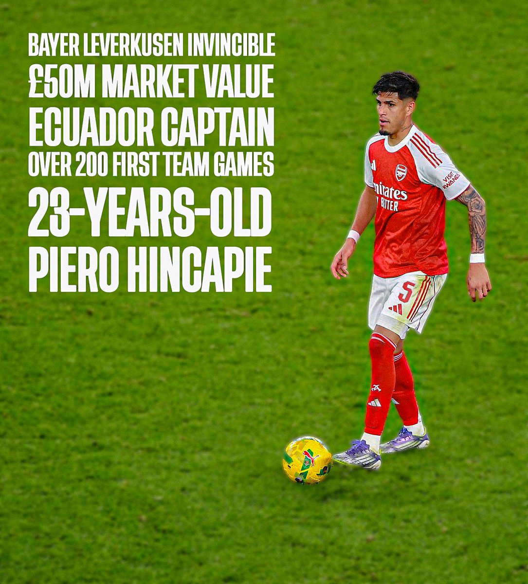 now_arsenaI's tweet photo. This isn’t just some back-up centre-back. He started 26 games in Bayer Leverkusen’s invincible season.

He’s captained his country. He’s made over 200 first-team appearances at just 23-years-old.

He would have cost Arsenal £50million last summer if Andrea Berta wasn’t around.

Piero Hincapie. It’s your time. 🇪🇨🫡