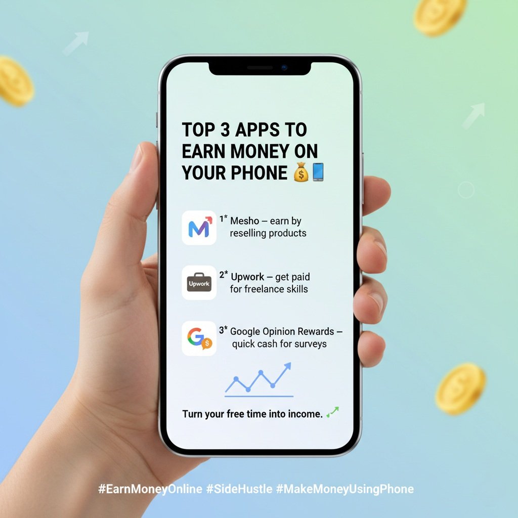 MiteshJ71069's tweet image. Top 3 Apps to Earn Money on Your Phone 💰📱

1️⃣ Meesho — earn by reselling products
2️⃣ Upwork — get paid for freelance skills
3️⃣ Google Opinion Rewards — quick cash for surveys

Turn your free time into income. 📈
#EarnMoneyOnline #SideHustle #MakeMoneyUsingPhone