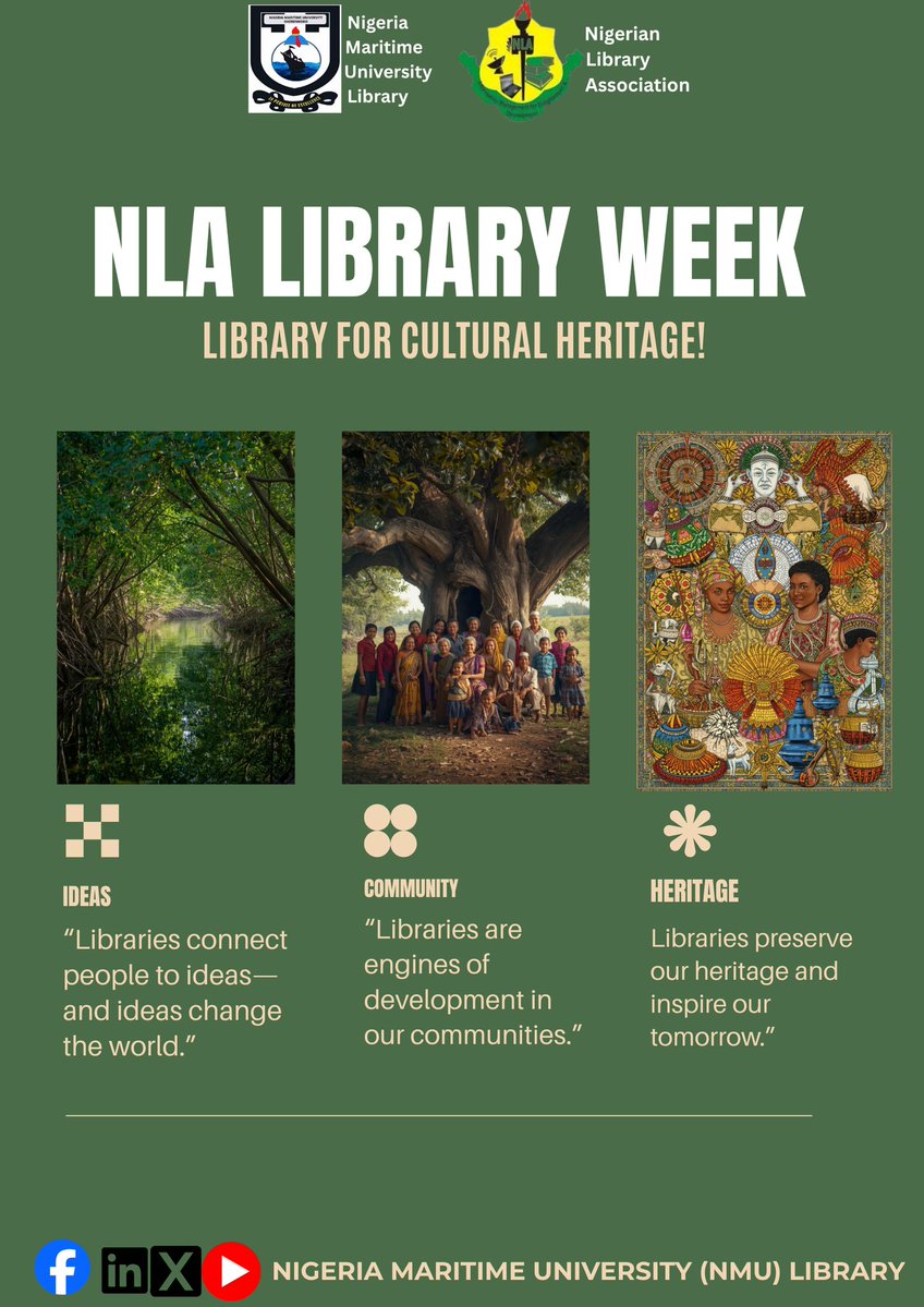 LibraryofNmu756's tweet image. Happy NLA Library Week!

We join the Nigerian Library Association (NLA) and Libraries across Nigeria in celebrating the NLA Library Week themed: Libraries for Cultural Heritage.

 #LibraryWeek2025 #CulturalHeritage #LibrariansRock
#NLALibraryweek2025 #library #KNOWLEDGE
