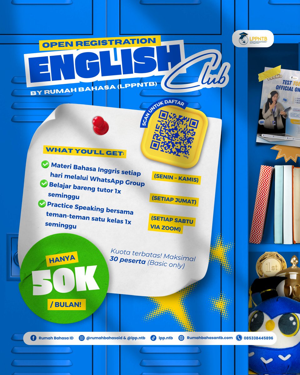 learnwithelpi's tweet photo. Sobat eLPi! ada yang baru nih🤯

ENGLISH CLUB IS OPEN!
Belajar Inggris makin gampang, murah, dan seru cukup 50K/bulan! 🔥

Komen untuk daftar atau tanya-tanya ya! 💬 https://t.co/ruEw8VYunw