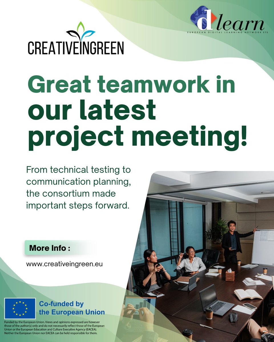 dlearneu's tweet image. CreativeinGreen project news!

Great teamwork in our latest project meeting! 🌟

creativeingreen.eu

Thank you to all partners for your active participation and commitment! 💼✨

#ErasmusPlusProject #EducationInnovation #TeamWork #DigitalSkills
