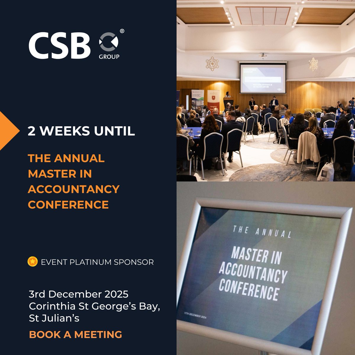 CSBGroup's tweet image. ⏳ Just 2 weeks to go! 

The Annual Master in Accountancy Conference is almost here, and we couldn’t be more excited to be sponsors of this key event for emerging finance professionals. 🎓📊

 #CSBGroup #AccountancyConference #UniversityOfMalta #FutureTalent