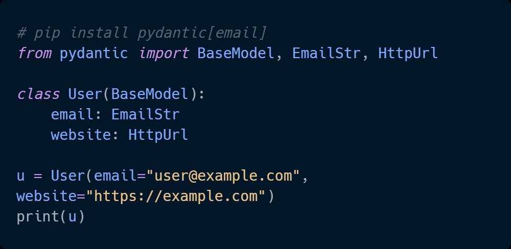 DevAsService's tweet image. Stop using regexes for emails and URLs.

Let Pydantic do the heavy lifting.

💡 Clean, validated, production-ready data.

📘 Learn 100+ patterns like this in &quot;Practical Pydantic&quot;

💥 50% off today → leanpub.com/practical-pyda…

#Python #Pydantic #CleanCode