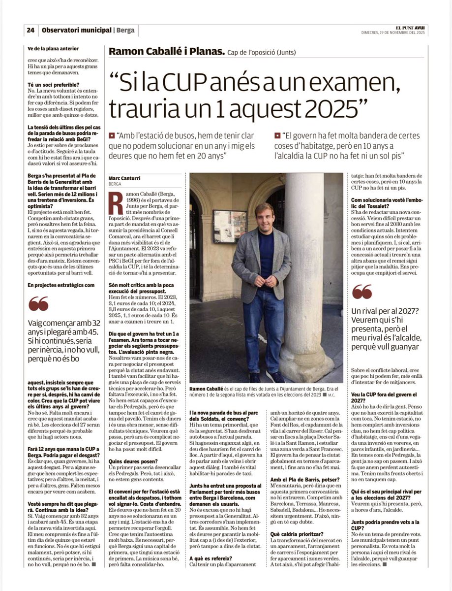 juntsperberga's tweet image. 🔊 Portaveu @CaballePlanas : &quot; Si la CUP anés a un examen,
trauria un 1 aquest 2025&quot;. 

Llegeix l&apos;entrevista que li ha fet @el_punt_avui