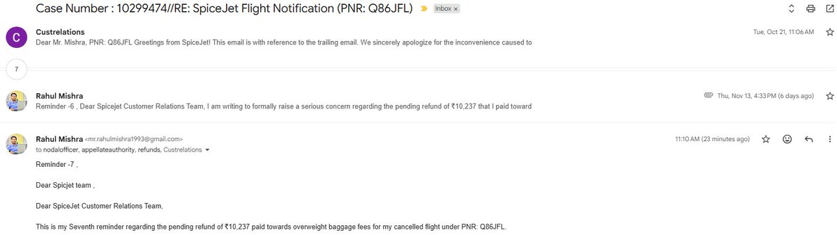 rahul2448's tweet image. @flyspicejet This is terrific service.

My flight (PNR Q86JFL) cancelled by SpiceJet, yet my ₹10,237 (for overweight) refund been stuck over 1 month.
6 reminders yet No support, no accountability.
@RamMNK @DGCAIndia @MoCA_GoI Pls take action

#SpiceJet #DoBetter #CustomerRights