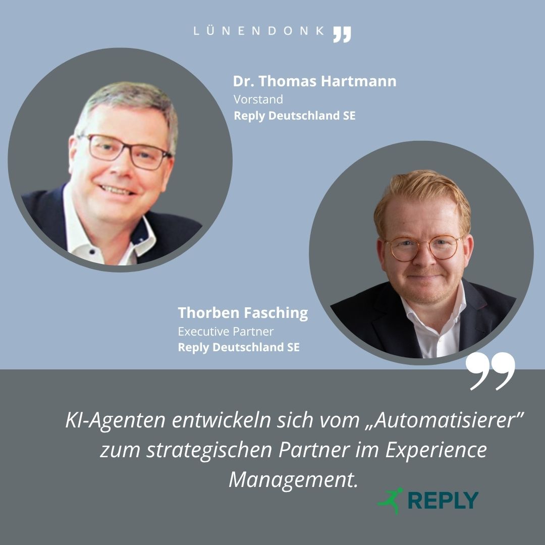 Luenendonk's tweet image. #KI-Agenten und Multi-Agenten-Systeme verändern die Regeln der #DigitalExperience: #Lünendonk im Interview mit Dr. Thomas Hartmann und Thorben Fasching von @Reply_DE. 

👉 Jetzt nachlesen in der Studie &quot;Digital Experience Services in Deutschland&quot;: luenendonk.de/produkt/luenen…