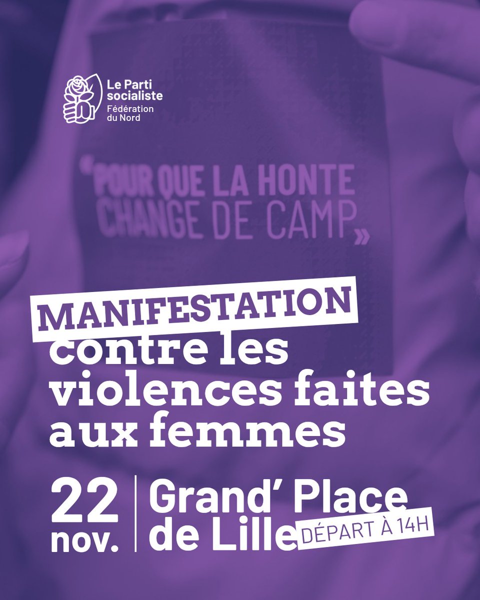 🟣 Contre les violences faites aux femmes, faisons bloc !

Nous demandons des moyens à la hauteur : protection, accompagnement, prévention justice.

➡️ Rendez-vous ce samedi 22 novembre à 14h sur la Grand’Place de Lille pour le départ de la manifestation départementale.