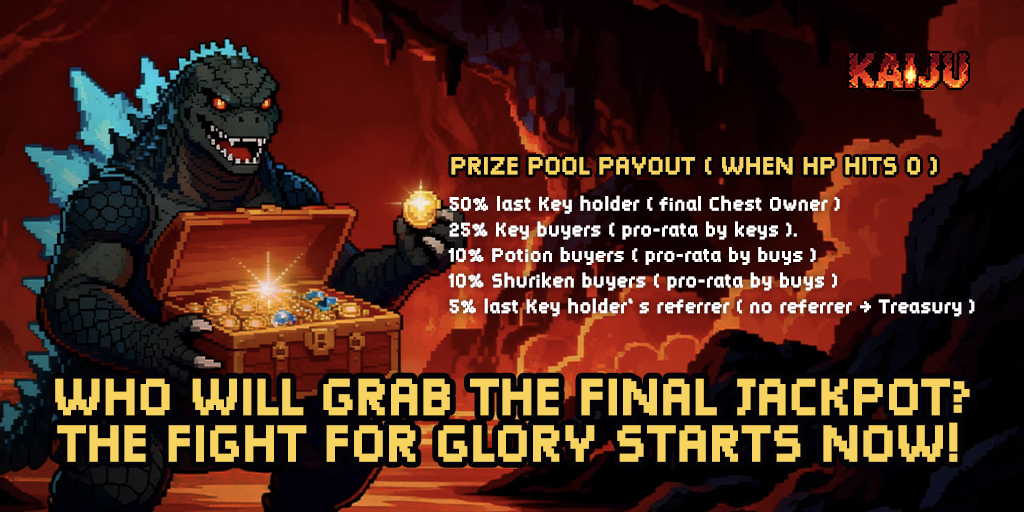HyperNinja_INJ's tweet image. ⚔️ The ultimate battle is here!
Defeat the Kaiju, grab your treasure, and rise as the champion!

🏆 Rewards for the brave:
🗝️ 50% for the last Chest Owner.
💎 25% for Key Buyers.
✨ 10% for Potion Buyers.
🌟 10% for Shuriken Buyers.
🤝 5% for Referrers.

🔥 Your destiny awaits:…