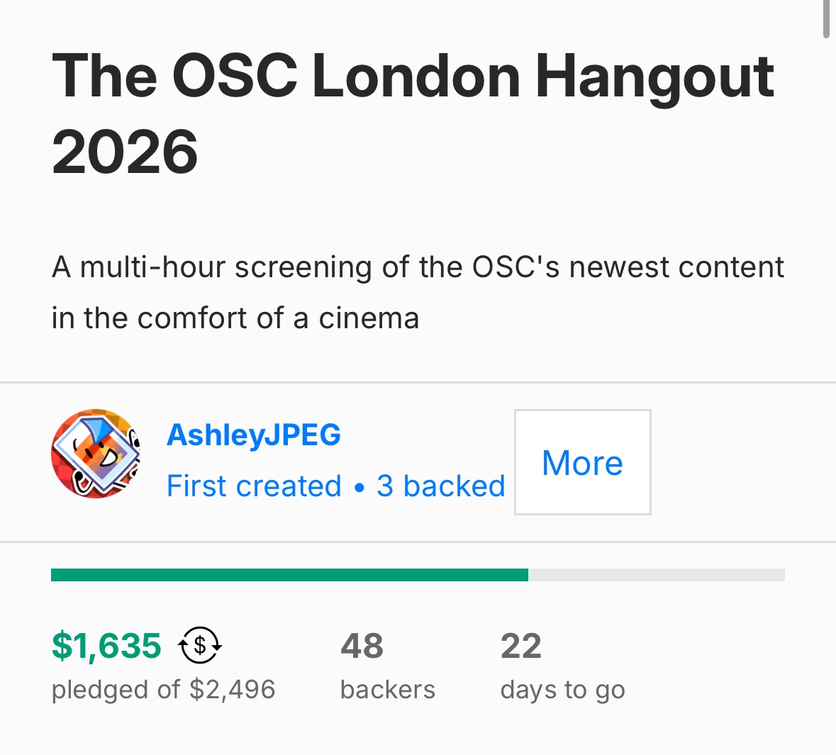 DexertOSC's tweet image. The OSC London Hangout 2026 screening has 22 days left for its kickstarter

Source - my ass