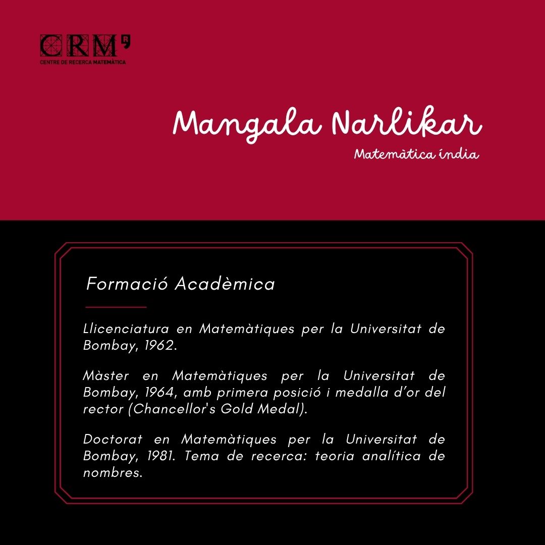 CRMatematica's tweet image. Mangala Narlikar, matemàtica índia, va combinar recerca i docència entre l’Índia i Anglaterra. Especialista en matemàtiques pures, va formar generacions d’estudiants amb claredat i passió. És recordada pel seu compromís amb l’ensenyament i la bellesa del pensament matemàtic.