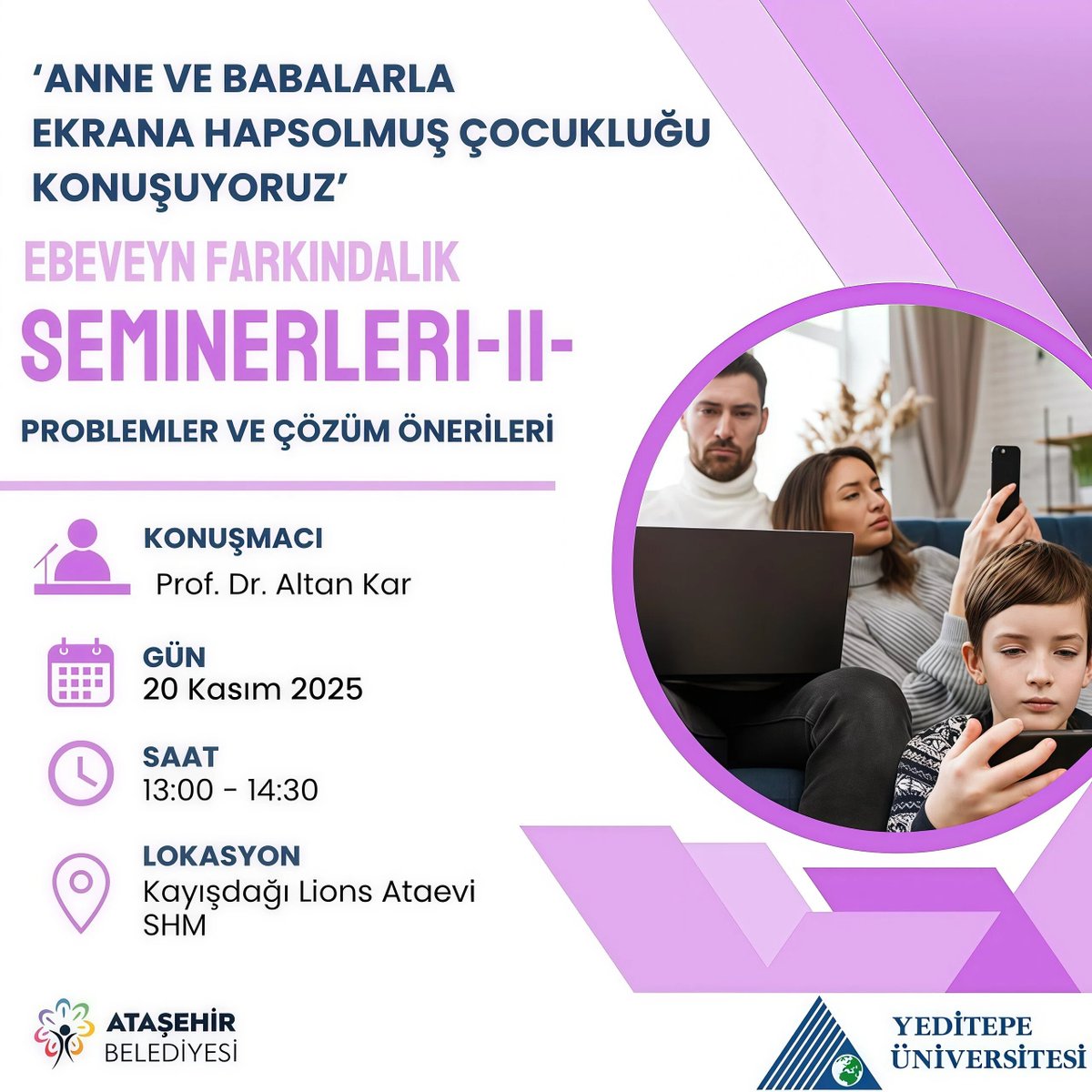 Yarın, Prof. Dr. Altan Kar eşliğinde gerçekleştireceğimiz seminerde, dijital çağda çocukların sağlıklı gelişimi için ailelerin üstlenebileceği rol ve dikkat edilmesi gereken  noktaları ele alacağız. 

Ebeveyn farkındalığını artırmaya yönelik bu buluşmamıza tüm aileleri bekliyoruz