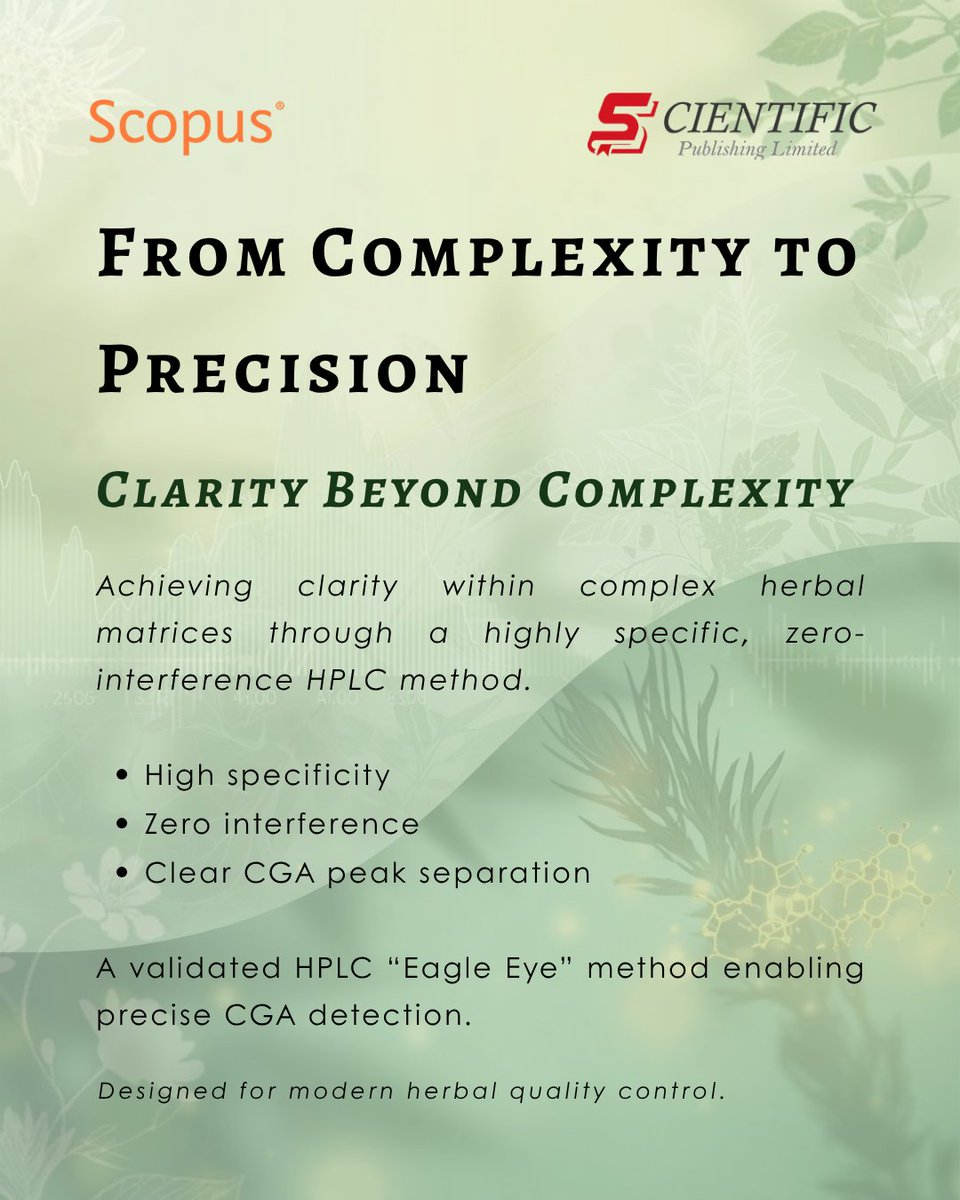TrendsinImmune's tweet image. Detecting CGA in complex TCM matrices is tough.

Our HPLC “Eagle Eye” method delivers high specificity, zero interference, and clear CGA peaks.

🔗 ojs.ukscip.com/index.php/ti/a…

#TCM #HPLC #QualityControl #TI