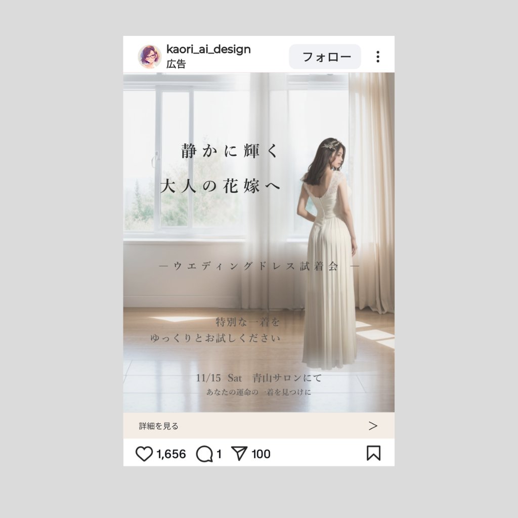 KOffice_KAORI's tweet image. 【#SDミニTips 032〜034まとめ📌】

#StableDiffusion #AIart 

大人のウエディング試着会/広告シリーズ✨

AI画像でつくる広告デザインの流れを紹介

花嫁はAIモデル。広告をイメージ画像で創る新時代

リアルモデル不要で、手軽に😆

 #AI広告 #生成AI活用 #広告デザイン #ウエディング広告