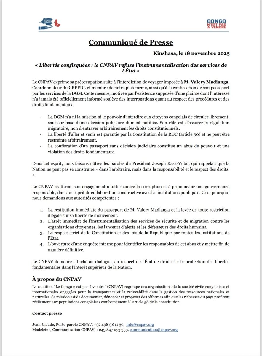 Atteinte grave aux libertés fondamentales.
Le CNPAV dénonce l’interdiction de voyager imposée à Valery Madianga (CREFDL) et la confiscation arbitraire de son passeport par la DGM.
Aucune décision judiciaire. Aucun respect des procédures.
La loi n’est pas une option.
👉 Nous