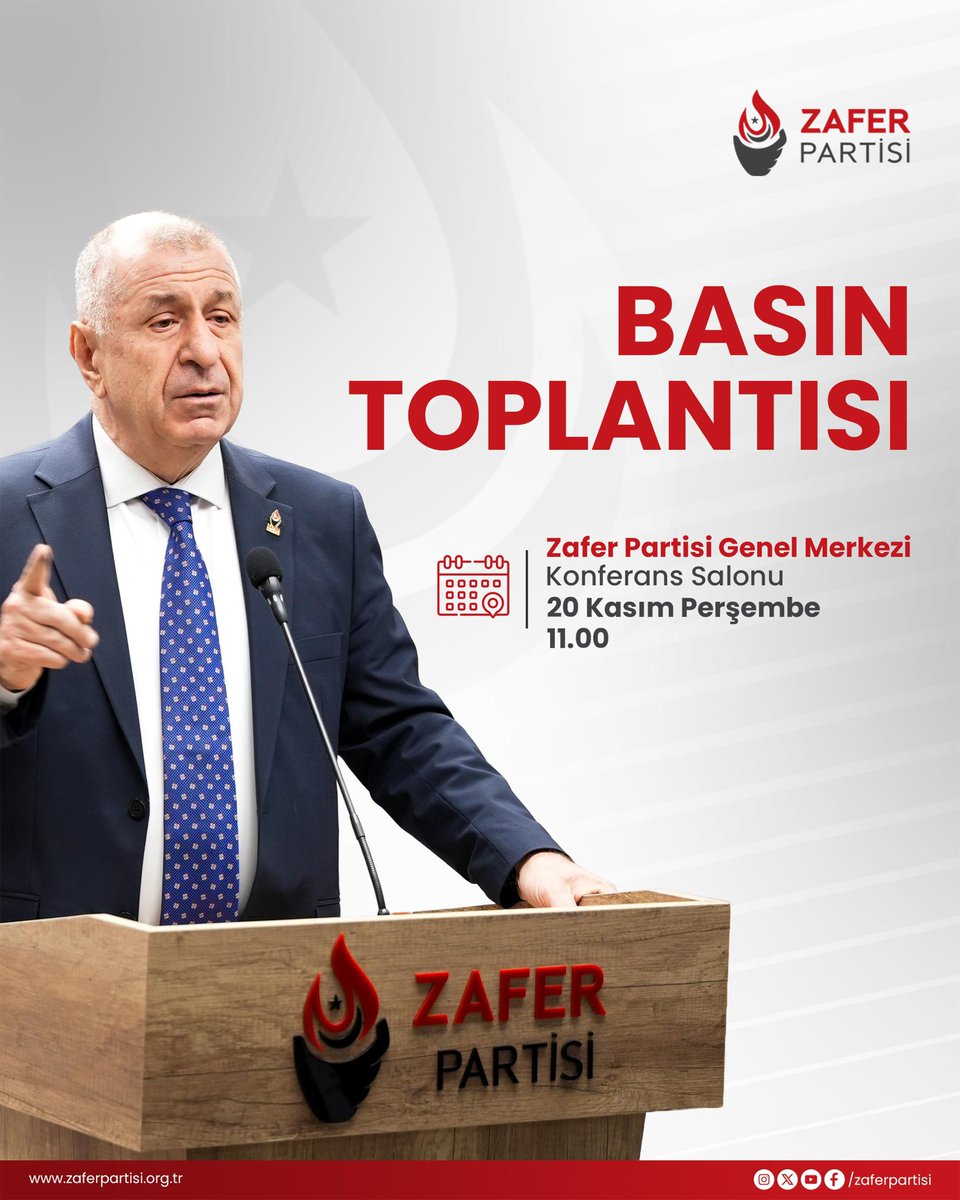 Genel Başkanımız Sayın Prof. Dr. Ümit Özdağ, yarın (20 Kasım Perşembe) saat 11.00’de Zafer Partisi Genel Merkezi’nde düzenleyeceği basın toplantısında, Türkiye’nin milli güvenliğini ve iç huzurunu tehdit eden kritik gelişmelere dair kapsamlı değerlendirmelerde bulunacaktır.

🗓️
