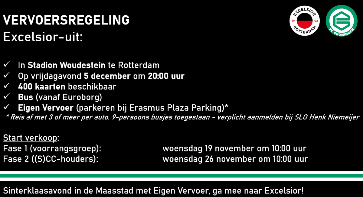 Heerlijk avondje in Rotterdam: op sinterklaasavond mogen we naar Excelsior. De vervoersregeling is een cadeau tussen alle combiregelingen door... Eigen vervoer zonder omwisselpunt onderweg 🚘

Mooier worden ze niet, ga mee naar de Maasstad! ⚪🟢⚪

#fcgroningen #excgro