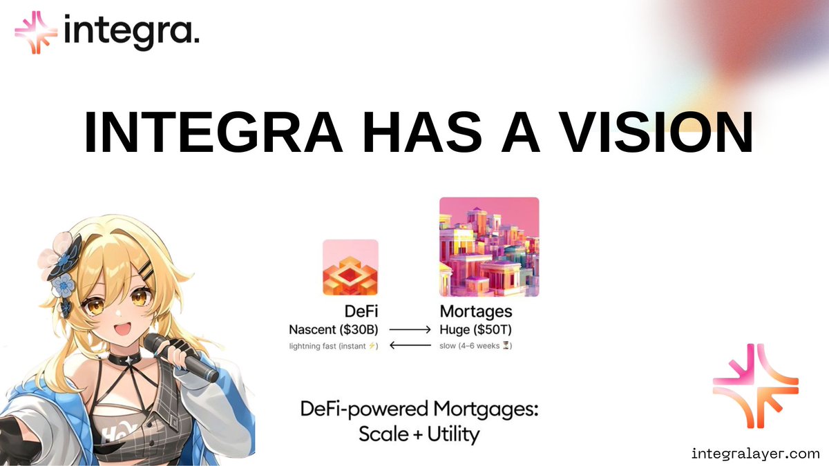 Andri_an79's tweet image. INTEGRA HAS A VISION

Mortgages are a $50T yield machine.
DeFi is a $30B speed experiment.

One has scale.
One has instant liquidity.

If they ever speak the same language, it won’t just be an upgrade,
it’ll be the biggest unlock in modern finance.

That’s the vision…