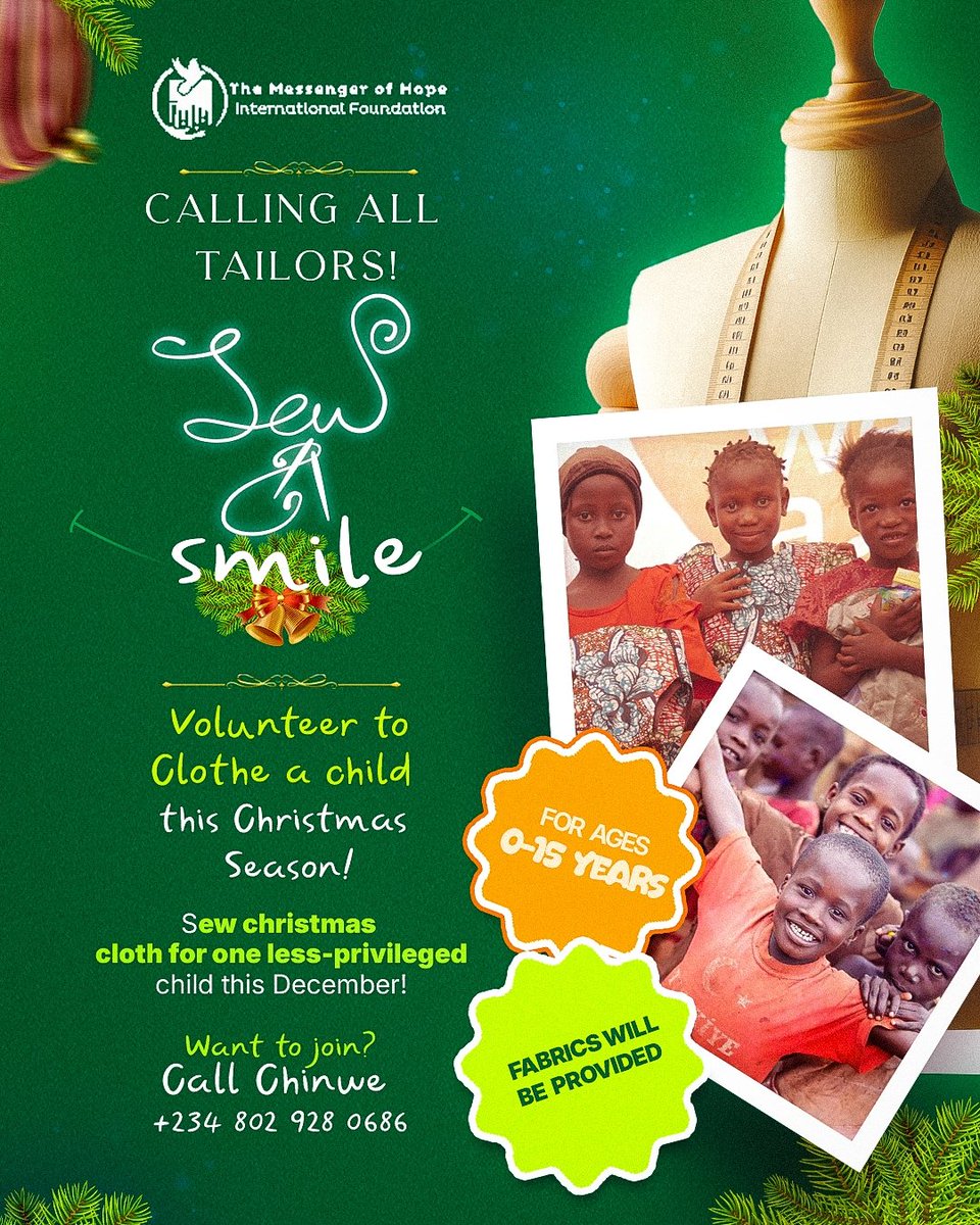 Please support our NGOs project this Christmas by volunteering to make an outfit for a child.
We will provide the fabrics.
We are counting on you to make an impact.
Every dress = one smile
Please call Chinwe on 08029280686 for fabric dropoff.
#SewaSmile #Christmas