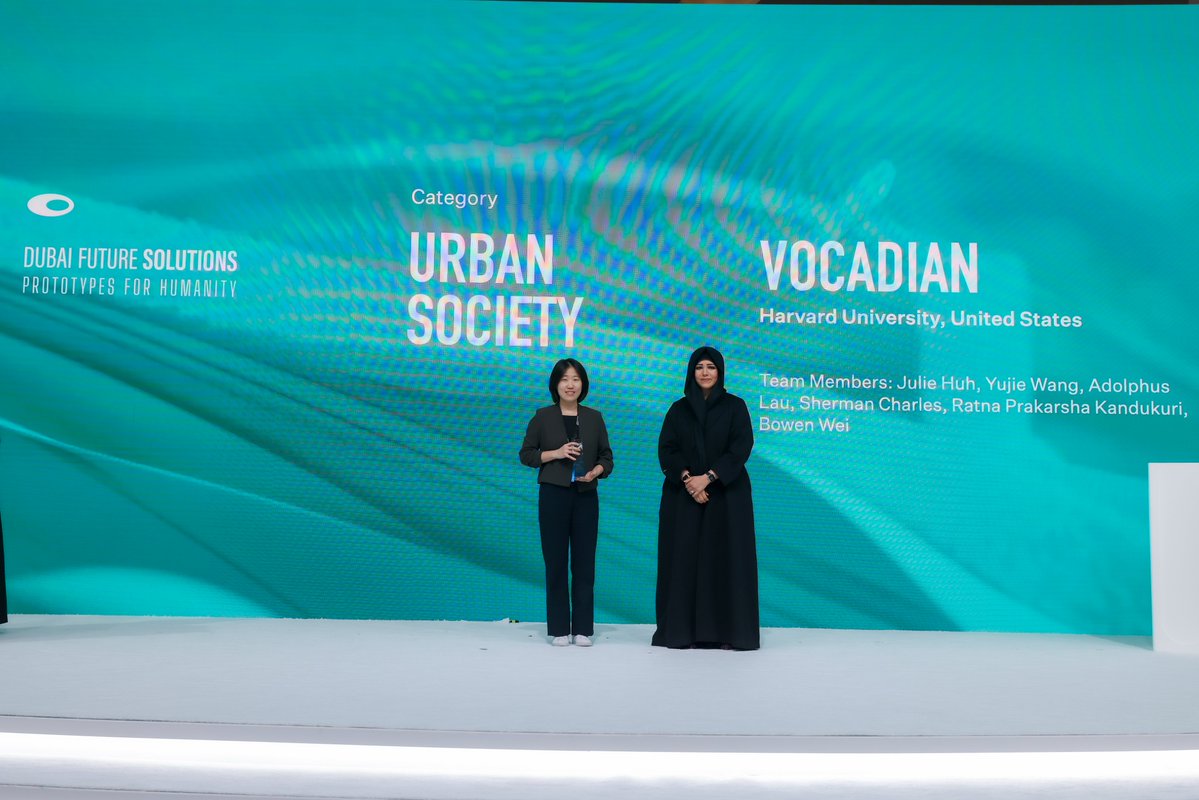 DubaiFuture's tweet image. 🏆 Life Resources: Plumesense AI, Queensland University of Technology, Australia  

🏆 Urban Society: Vocadian, Harvard University, United States

Each project reflects the power of human creativity and collaboration in driving meaningful impact.

#PrototypesForHumanity…