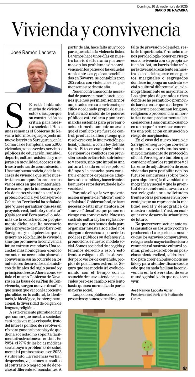 #Vivienda, uno de los grandes desafíos de #Navarra. Falta de oferta, exceso de regulación y mercado tensionado que afecta a jóvenes
Artículo de José Ramón Lacosta, presidente de Institución Futuro, sobre repensar ciudad, convivencia y marco normativo ➡️ ifuturo.org/vivienda-y-con…