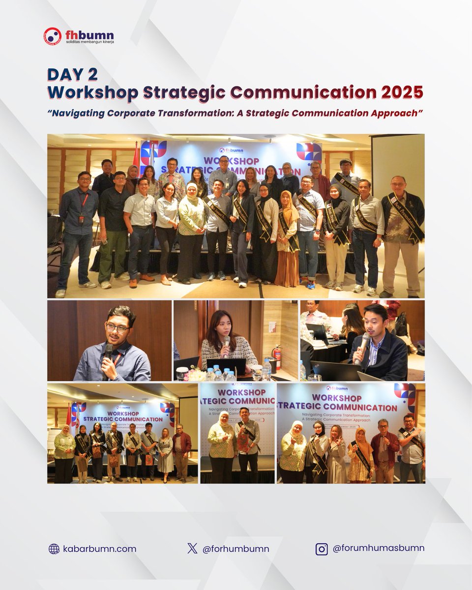 ForHumBUMN's tweet image. Di sesi ini, setiap peserta mengolah isu nyata dari perusahaannya, mempresentasikan analisis, sekaligus merumuskan evaluasi yang relevan dan aplikatif.
Seluruh proses, insight, dan apresiasi terangkum dalam rekap Day 2

#WorkshopStrategicCommunication
#ForumHumasBUMN
#AMEC