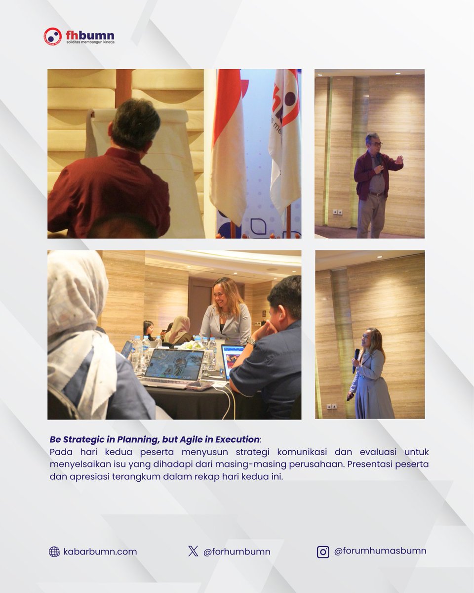 ForHumBUMN's tweet image. Di sesi ini, setiap peserta mengolah isu nyata dari perusahaannya, mempresentasikan analisis, sekaligus merumuskan evaluasi yang relevan dan aplikatif.
Seluruh proses, insight, dan apresiasi terangkum dalam rekap Day 2

#WorkshopStrategicCommunication
#ForumHumasBUMN
#AMEC
