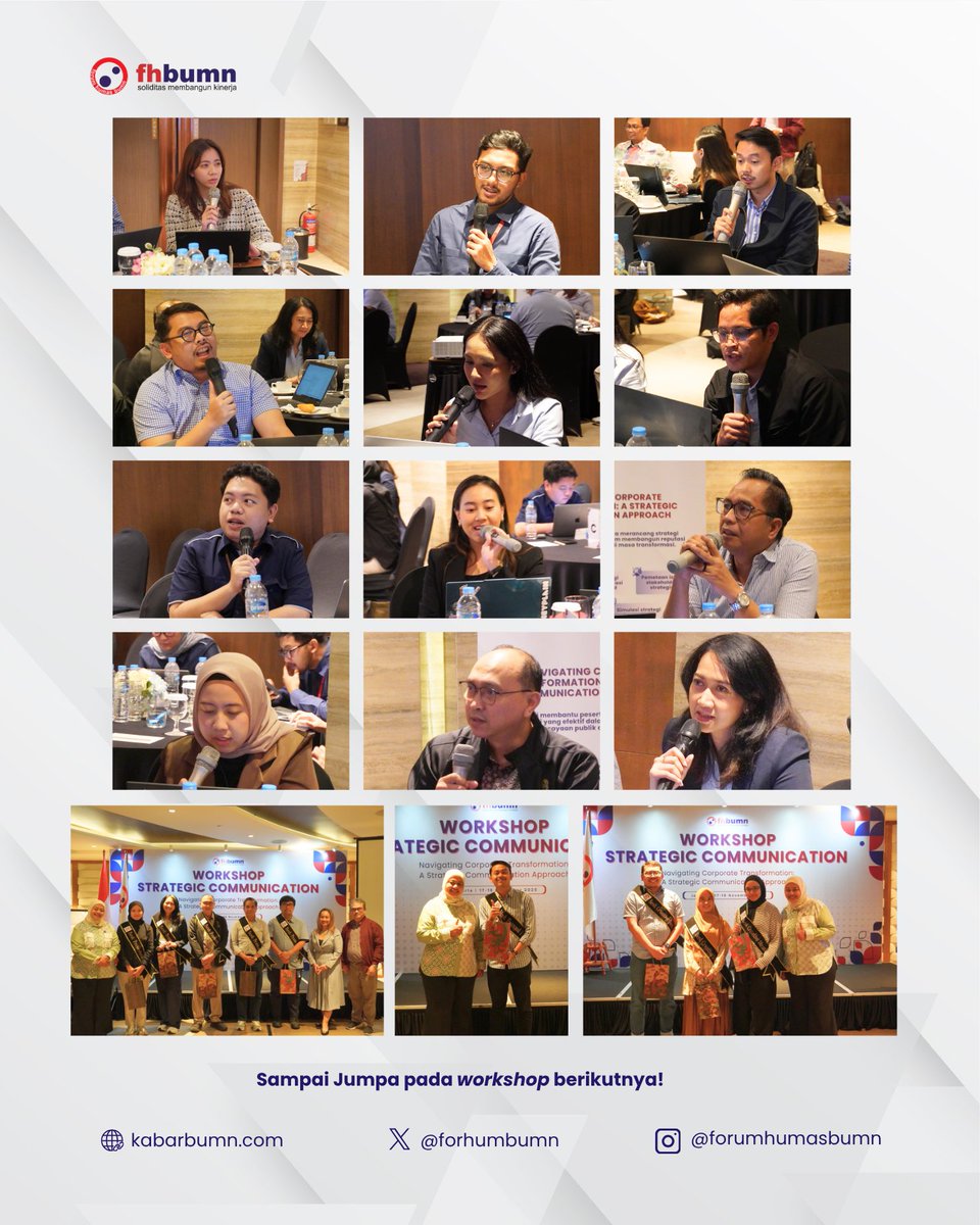 ForHumBUMN's tweet image. Di sesi ini, setiap peserta mengolah isu nyata dari perusahaannya, mempresentasikan analisis, sekaligus merumuskan evaluasi yang relevan dan aplikatif.
Seluruh proses, insight, dan apresiasi terangkum dalam rekap Day 2

#WorkshopStrategicCommunication
#ForumHumasBUMN
#AMEC