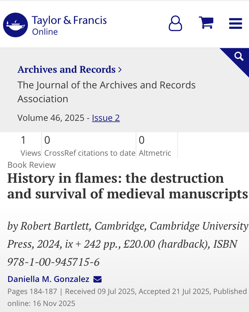 A mid week treat for me seeing that my review of Robert Bartlett’s History in Flames has been published in <a href="/ARAUK_IE/">Archives and Records Association (UK & Ireland)</a>’s journal 🥳 Really enjoyed reviewing this book and learning how #Medieval manuscripts and archives can be preserved/reconstructed following conflict