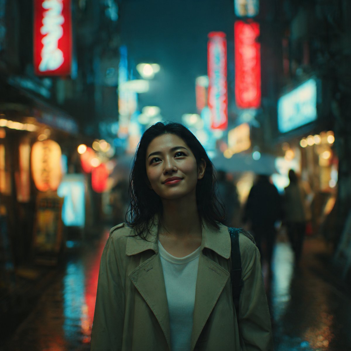 prompt：
Cinematic film still of a naturally beautiful Japanese woman in her mid-20s, candidly walking through a bustling Tokyo street at dusk. She wears a minimalist beige trench coat over a simple white top, her dark hair slightly damp from the light rain. Her expression is a