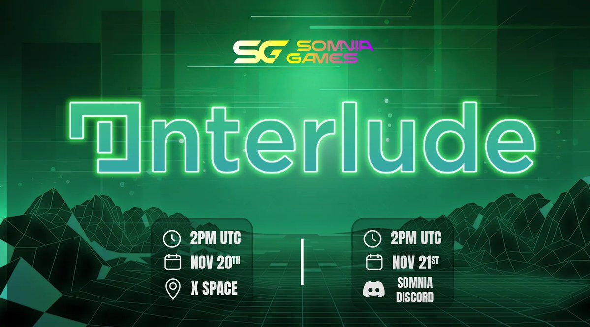 gm Gamers 🎮 

Ready for the Gamefi Engine that can bring any game on-chain in minutes?  

We’re proud to welcome <a href="/ProjInterlude/">Interlude</a> to Somnia!

Interlude is pioneering the concept of game protocol: a permissionless, on-chain meta-game that developers can connect their own games to.