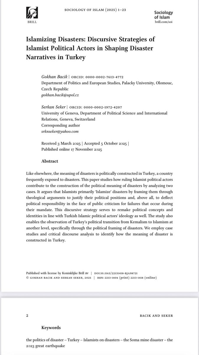 sersgr's tweet image. Happy to share our @GokhanBacik  new publication:

&quot;Islamizing Disasters: Discursive Strategies of Islamist Political Actors in Shaping Disaster Narratives in Turkey&quot;.

The research question focuses on the Soma Mine Disaster and the 2023 Great Earthquake. 
#Turkey #Disasters
