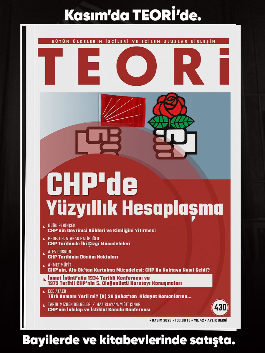 🗣️İsmet İnönü'nün 1934 Tarihli Konferansı ve 1972 Tarihli CHP'nin 5. Olağanüstü Kurutayı Konuşmaları Kasım sayımızda.

•Kasım sayımız D&amp;R, Kitapsan, Remzi Kitabevi, Ankara'da Çağdaş marketler zinciri ile Liman Kitap Kafe'de; İstanbul'da Mephisto Kitabevi şubelerinde.