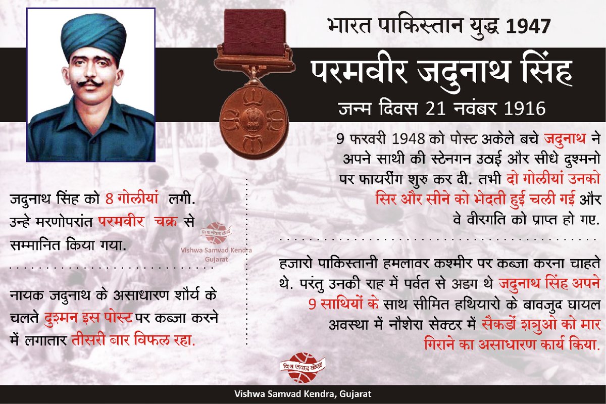 vskgujarat's tweet image. #ParamVirChakra
नायक जदुनाथ सिंह - जन्म दिन 21 नवंबर
 
नायक जदुनाथ सिंह ने भारत-पाकिस्तान युद्ध 1947 में अद्वितीय साहस का योगदान दिया तथा वीरगति को प्राप्त हुए।  6 फरवरी 1948 को नौशेरा युद्ध में योगदान के कारण नायक सिंह को परमवीर चक्र से सम्मानित किया गया।