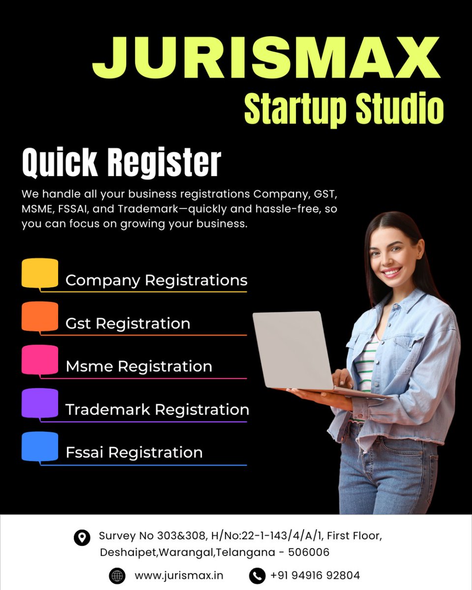 JurisMaxx's tweet photo. Quick and easy Company, GST, MSME, Trademark &amp; FSSAI registrations with JURISMAX Startup Studio.

#Jurismax #StartupStudio #BusinessGrowth https://t.co/DmAOJ5pAiM