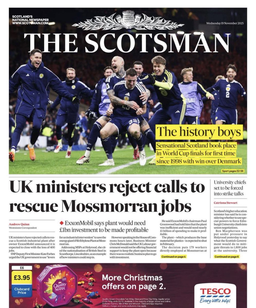 dm180914's tweet image. Front page of today’s Scotsman says it all - 

❌ No support from UK govt for Mossmorran industrial plant. 
❌ UK govt has known about this since May - and done little. 

Plenty of support for British Steel in England, but once again nothing for Scotland 🏴󠁧󠁢󠁳󠁣󠁴󠁿