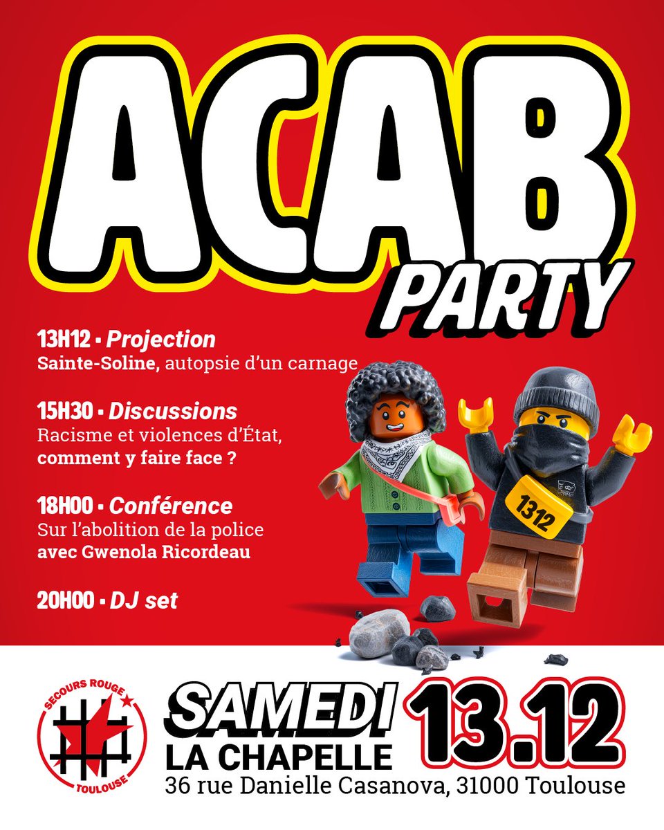SecoursRougeT's tweet image. 🪩 Le samedi 13 décembre, c'est l'ACAB Party à la Chapelle à Toulouse ! De 13h12 à 22h, une journée pour se rencontrer, discuter et s'organiser contre la police, l'État et leur système.

➡️ Plus d'infos : secoursrouge.org/toulouse-acab-…

#ACAB
