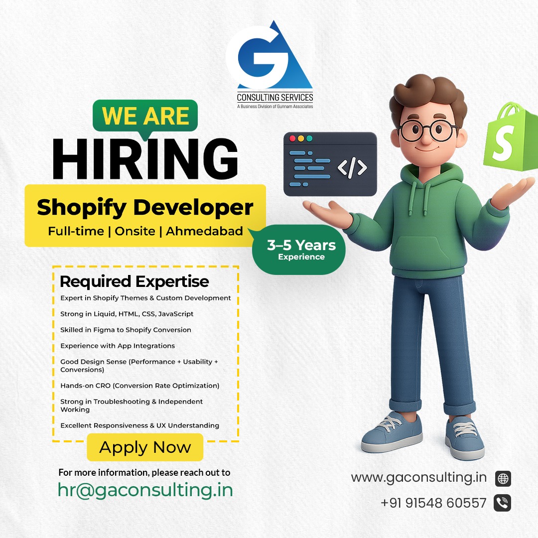 GAConsulting1's tweet image. We’re looking for a talented Shopify Developer to join our client’s team in Ahmedabad!
If you excel in Shopify theme development, Liquid, app integrations, CRO, and responsive UX—this role is for you.
Apply now: hr@gaconsulting.in
#GAConsulting #ShopifyDeveloper #ShopifyJobs