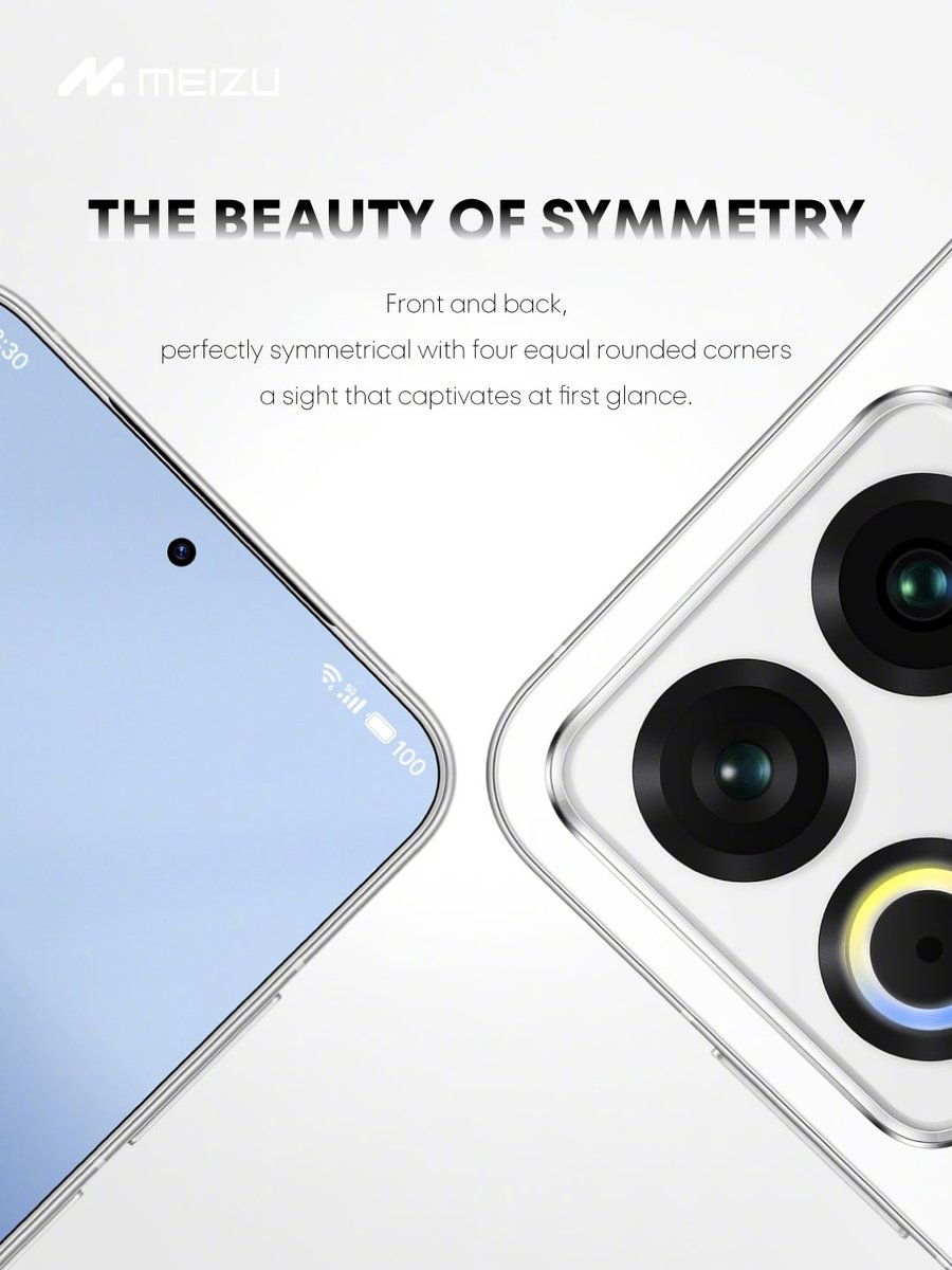 MEIZU's tweet image. Front and back perfectly symmetrical with R corners, creating a harmonious and unified aesthetic on both sides.
#MEIZU22 #MeizuDesign #SymmetryInDesign #SmartphoneAesthetics #DesignPhilosophy #AttentionToDetail #RoundingCorners #ElegantTech