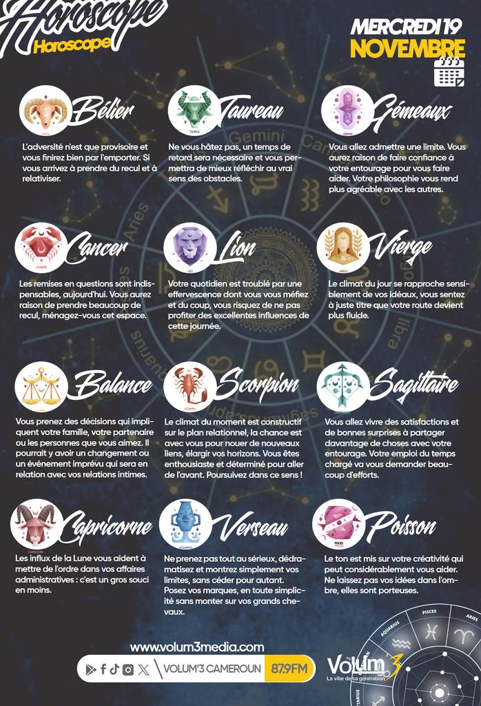 Volum3Cameroun's tweet image. 🌌L&apos;Horoscope du jour ___ Entre impulsions nouvelles, révélations intérieures et élans de courage, chaque signe trouvera une lumière particulière pour éclairer sa journée.

#LaVibeDeTaGeneration
#horoscopedujour
#hellonovember
#sweetnovember