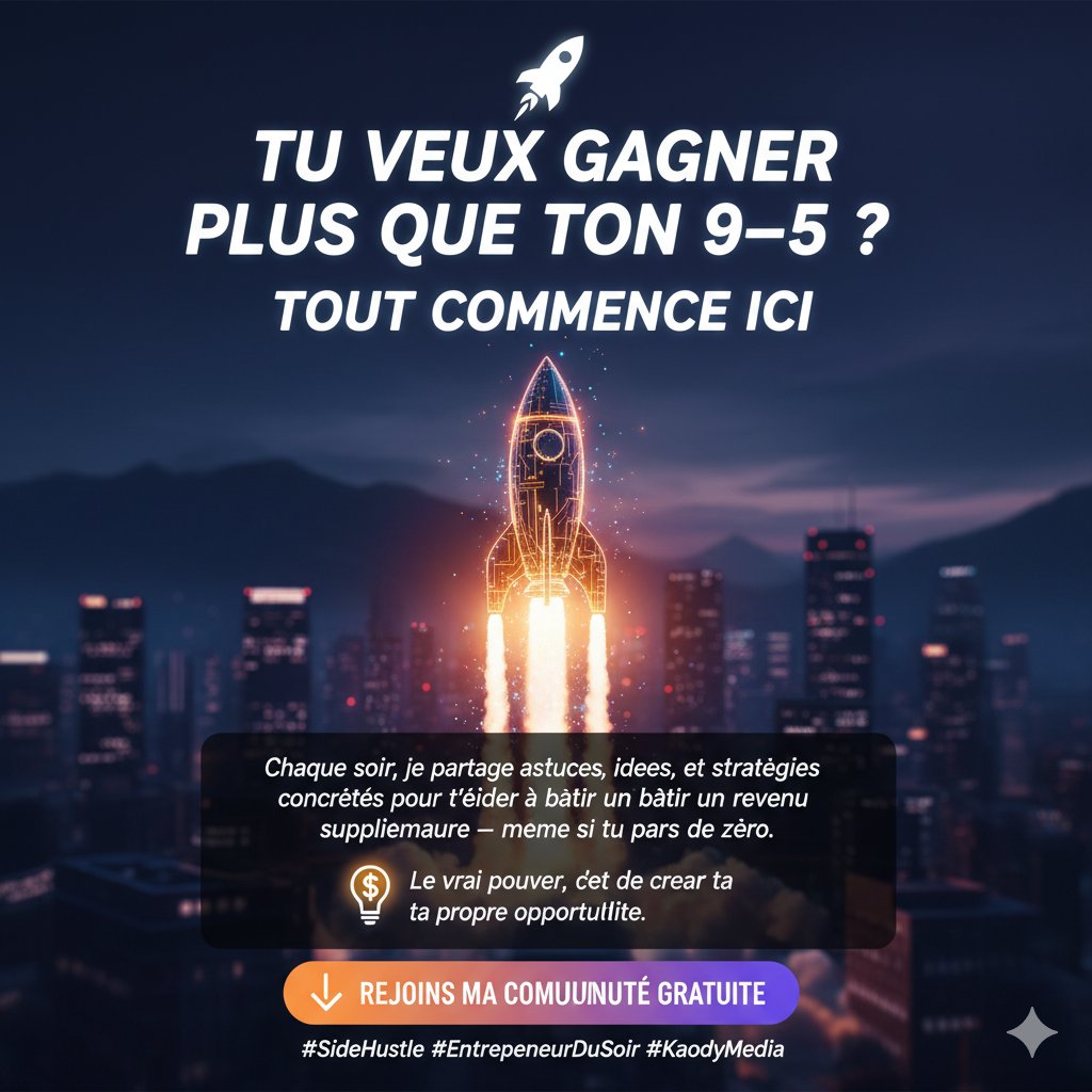 Jimmy0090's tweet image. ✨ Ici, on apprend à gagner plus.
📘 Astuces
💡 Idées
💰 Stratégies Side Hustle
Tout pour t’aider à bâtir ton indépendance après ton 9–5.
👇 Entre dans la communauté gratuite — Lien en bio.
#SideHustle #KaodyMedia