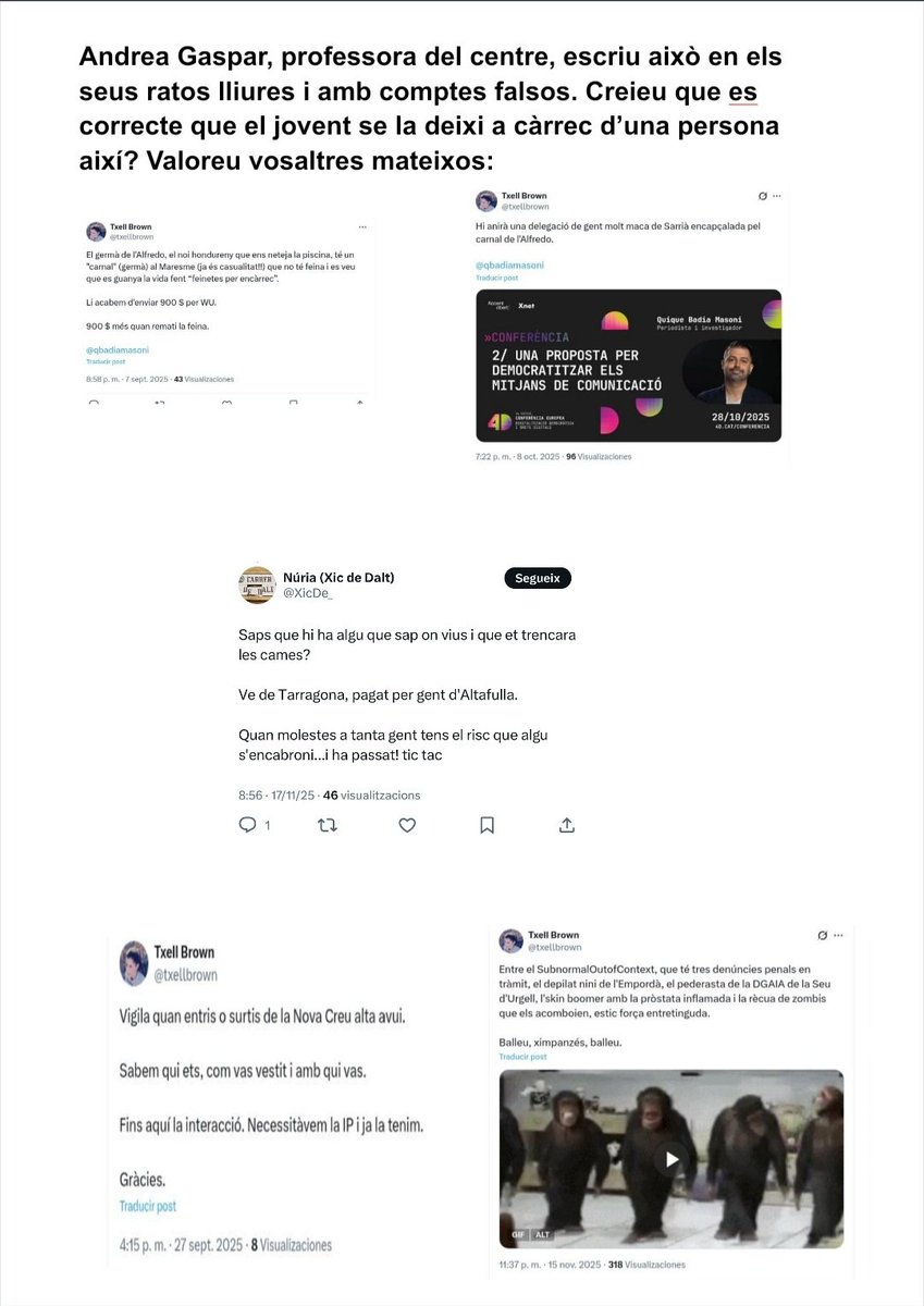 Bon dia, tot el que prometo ho compleixo. Ha arribat l'hora de que <a href="/txellbrown/">Txell Brown</a> i <a href="/XicDe_/">Núria (Xic de Dalt)</a> es a dir, Andrea Gaspar, s'els hi acabi la inmunitat del anonimat. Així que llanço el repte amb una recompensa:

Repte: Penjar aquest collage, en format din A3, als pasadissos i tablons