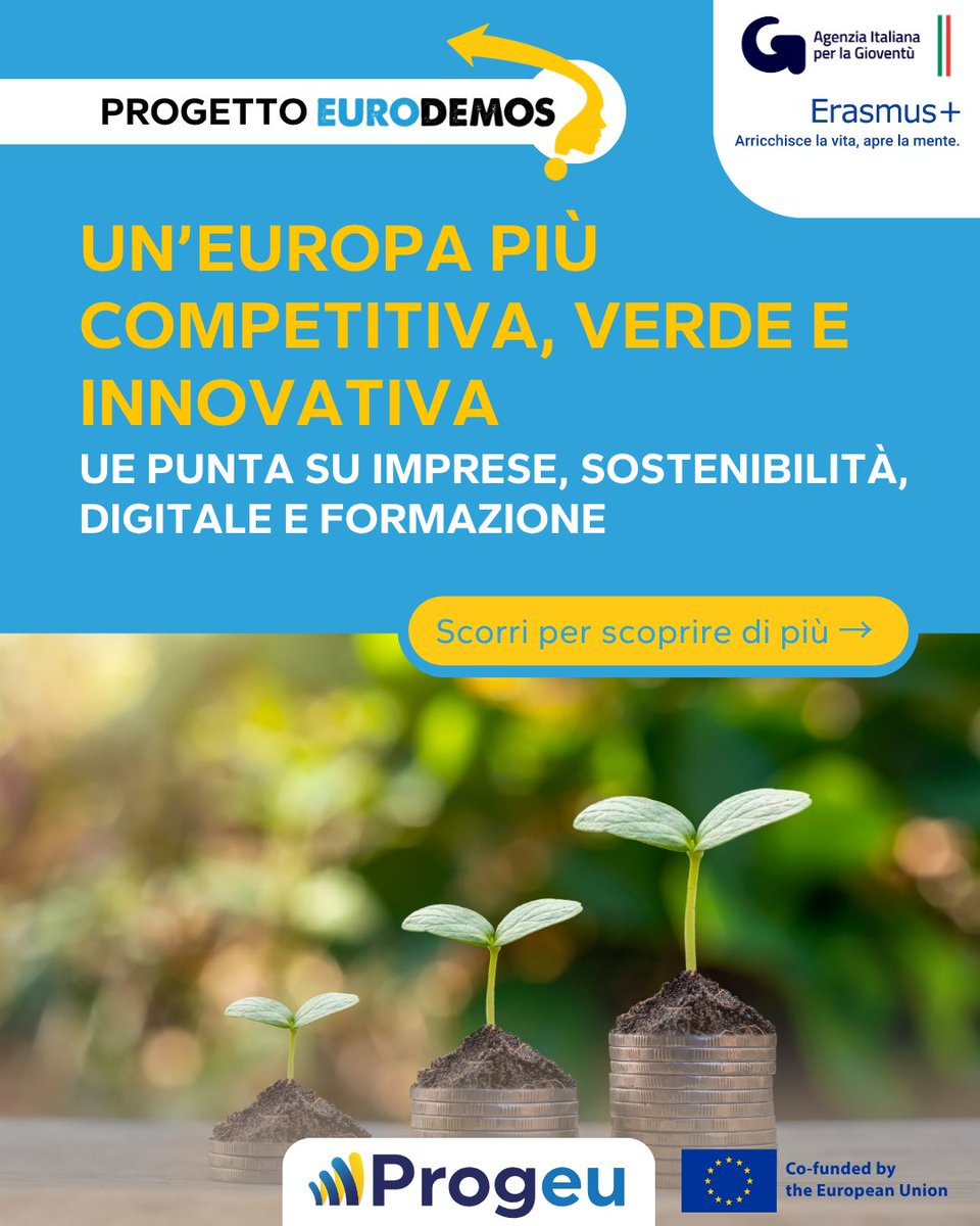 ProgeuAPS's tweet image. L’#Europa punta a rafforzare la propria competitività investendo su sostenibilità, #innovazione e semplificazione

Transizione verde, #digitalizzazione, sostegno alle imprese e nuove #competenze

@AgenziaGioventu 

#Progeu #eurodemos #green