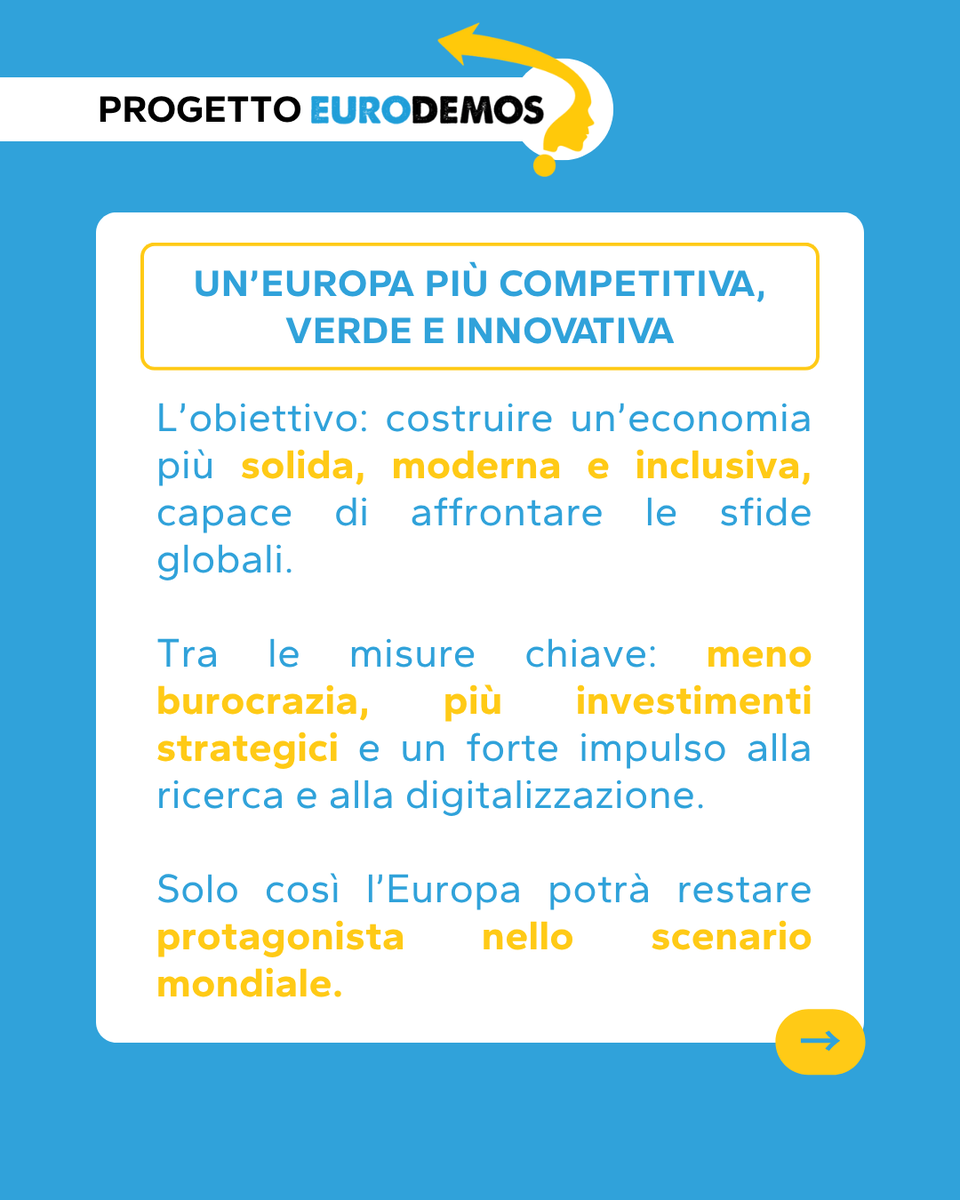 ProgeuAPS's tweet image. L’#Europa punta a rafforzare la propria competitività investendo su sostenibilità, #innovazione e semplificazione

Transizione verde, #digitalizzazione, sostegno alle imprese e nuove #competenze

@AgenziaGioventu 

#Progeu #eurodemos #green