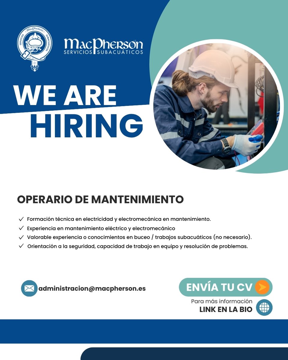 Macpherson Servicios Subacuáticos busca Operario/a de Mantenimiento (electricidad y electromecánica).
Valorable experiencia en buceo profesional. Jornada completa en El Puerto de Santa María.
📩 Envía tu CV a administracion@macpherson.es