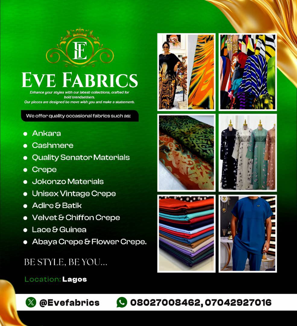 Evefabrics's tweet photo. Good morning Happy people 😃

My name is Olaronke, I’m a fashion designer and I sells quality fabrics too.
My X handle is @Evefabrics .

For all types of quality fabrics, you can always trust me to deliver. 
I’m very honest & trustworthy.
My customer service is 100% top notch.
I’m always available for orders.
I’m open to business and orders 24/7

Please anywhere you see my business post, kindly like & retweet for me.
Your kindly referral would go a long way too.

Thank y’all 😘