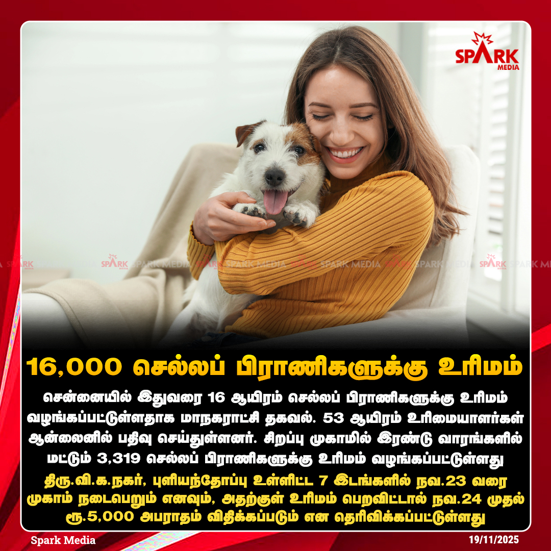 SparkMedia_TN's tweet image. 16,000 செல்லப் பிராணிகளுக்கு உரிமம்!

#Pets #Chennai #SparkMedia