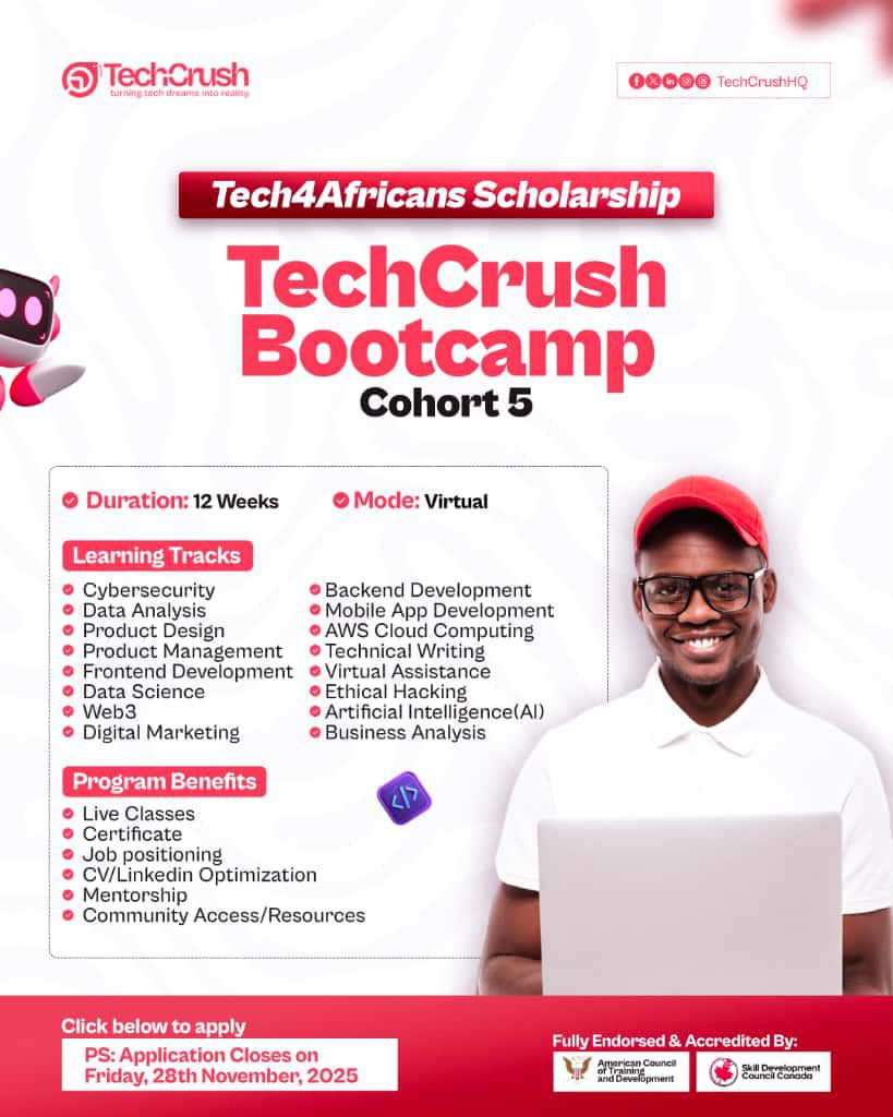 TGwithGrace's tweet image. Closes Soon! ⏰

NOW LIVE 🔥

APPLY FOR THE TECH SKILLS SCHOLARSHIP  🔥

We&apos;re offering 7 million worth of Tech Scholarships! 🎉

Apply for FREE Here 👇
techcrush.pro/scholarship/ap…


Share this with Youths around you 🔥