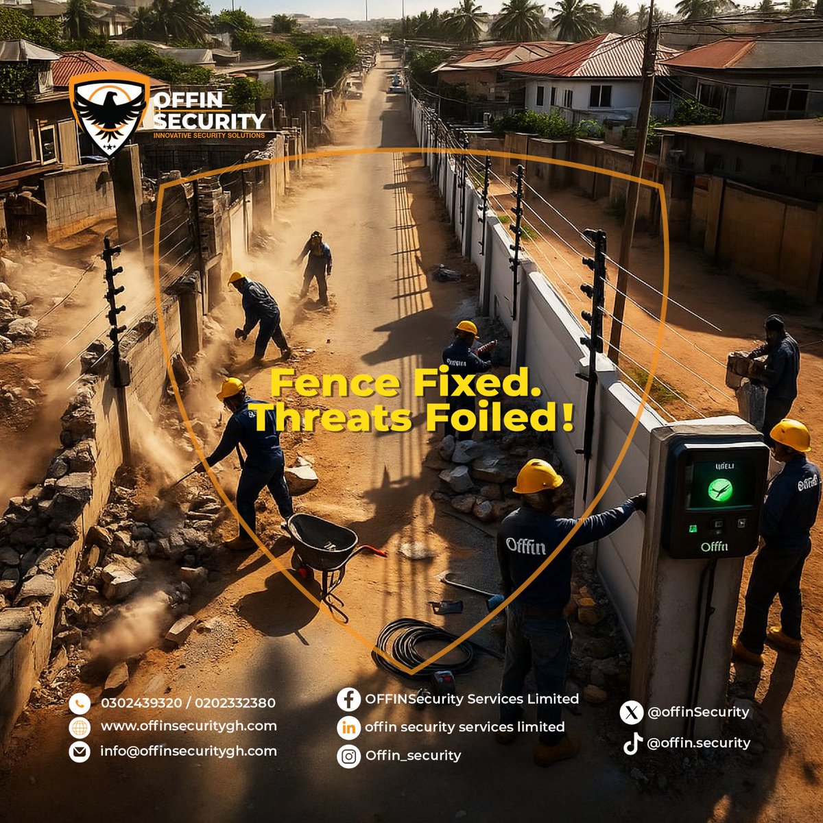 OffinSecurity's tweet image. Before danger thinks of crossing the line, our fence is already doing the job. High-voltage deterrence, real-time alarms, and rugged durability built for Ghanaian conditions.
Get a free site assessment.

#FenceFixed #ThreatFoiled #OffinSecurityServices