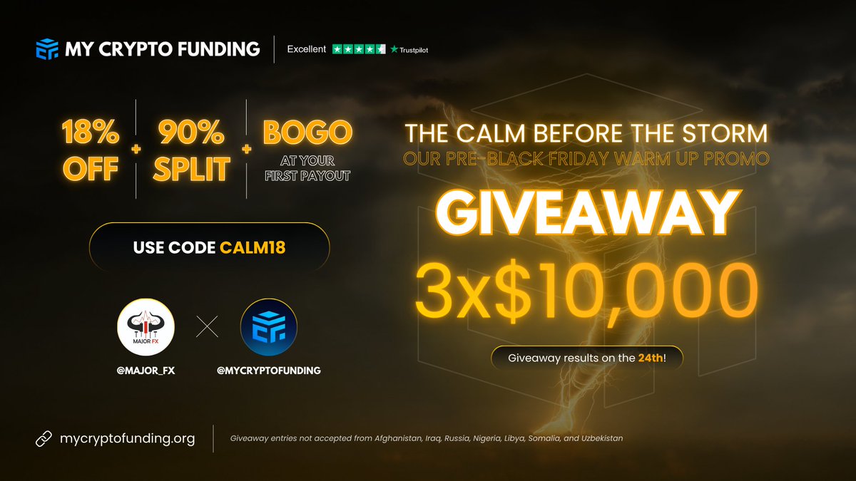 Major__Fx's tweet image. 🎁 3 × $10,000 Giveaway 🎁

18% OFF + BOGO at Payout live at @Mycryptofunding 

1️⃣Follow
 @MyCryptoFunding 
 @muthaiah4x 
@Major__Fx

2️⃣Like, Retweet and Tag 3 friends

Winners will be announced on Nov 25th⏳